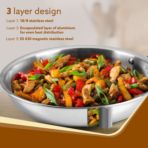 Royal Honey Comb Frying Pan, 1L Capacity, 22 cm Diameter, Tri-Ply Steel with Honey Comb, Riveted  Handle,  Food Safe & PFOA Free, Gas & Induction Compatible, Cooking, Frying, Serving, Silver